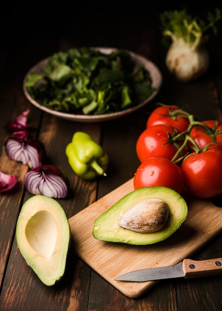 Healthy tomatoes and avocado high view