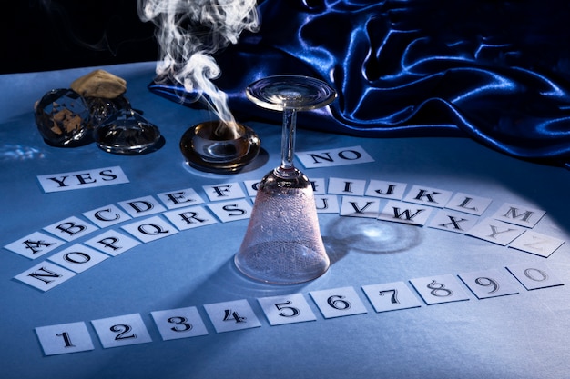 High angle ouija board and silk cloth