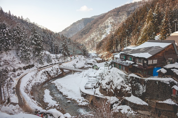 Free Photo high angle shot of a wooden house surrounded by forested mountain covered in snow in winter