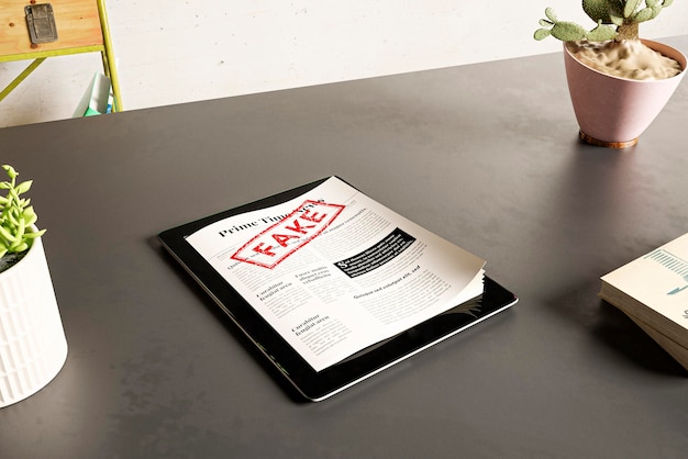 High angle of tablet with papers and fake news on the table