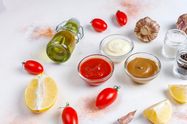 Homemade ketchup,mustard and mayonnaise sauce.