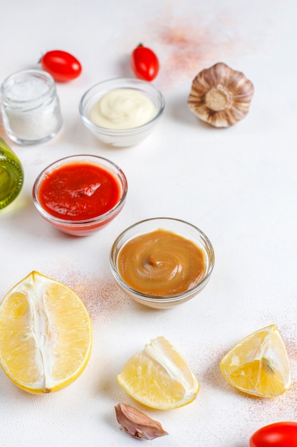 Homemade ketchup,mustard and mayonnaise sauce.