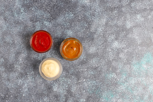 Free Photo homemade ketchup,mustard and mayonnaise sauce.