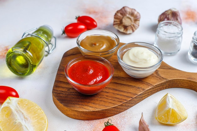 Homemade ketchup,mustard and mayonnaise sauce.