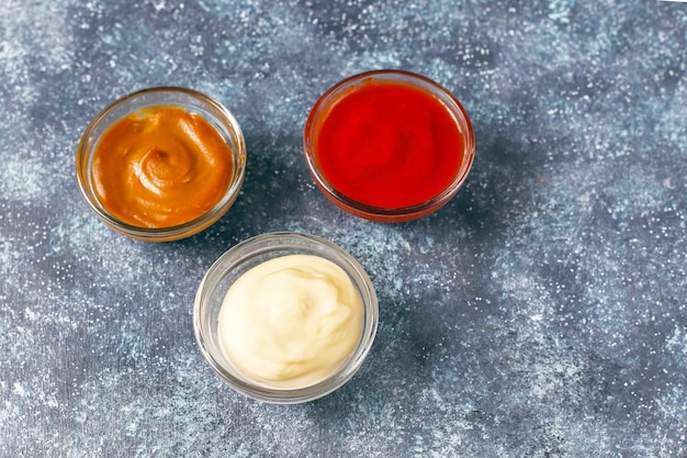 Free Photo homemade ketchup,mustard and mayonnaise sauce.