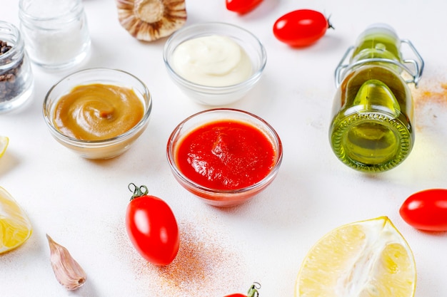 Homemade ketchup,mustard and mayonnaise sauce.