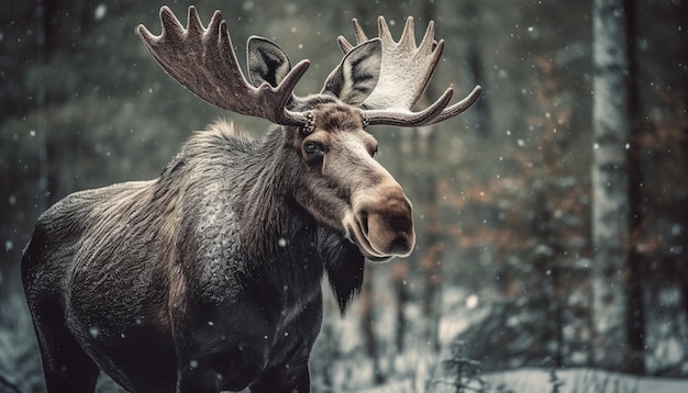 Horned elk in winter forest snowing tranquility generated by AI