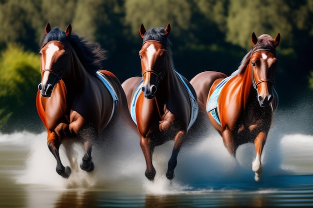 Free Photo horses running in a water race with the word horses on the bottom.