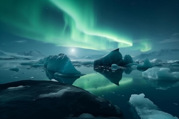 Free photo ice land with icebergs and green aurora borealis on the sky generative ai