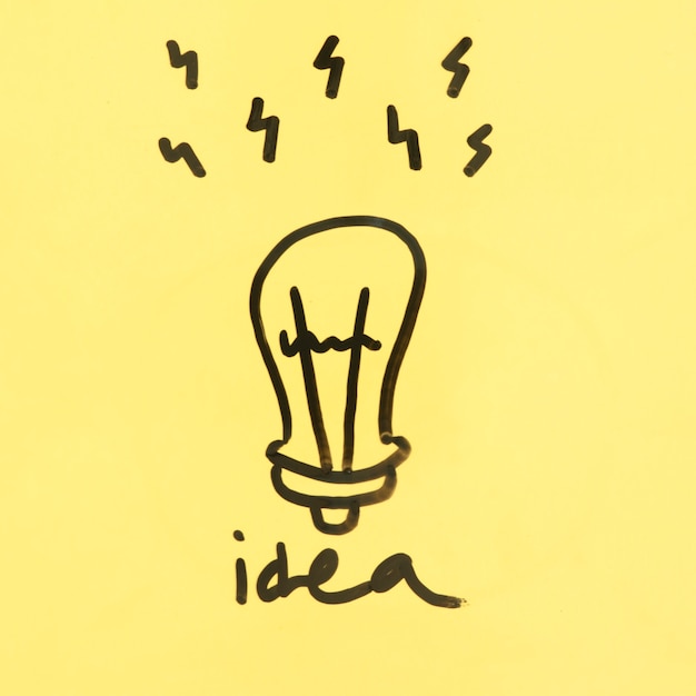 Free photo idea concept with hand drawn light bulb on yellow background