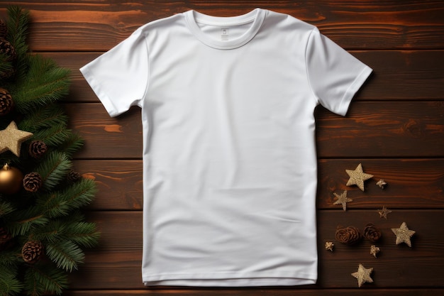 Free photo image of open white tshirt on wooden floor with christmas star decoration