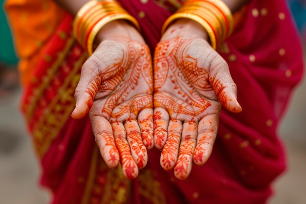 Free Photo indian woman showing her painted hands with henna decoration