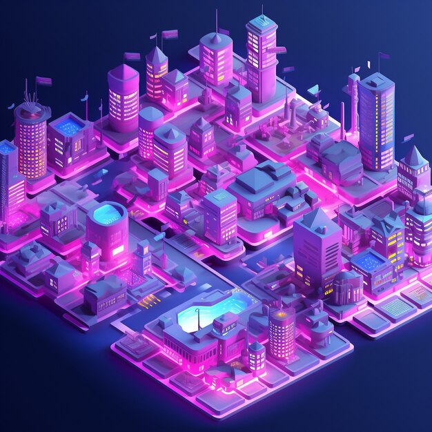 Isometric view on 3d rendering of neon city