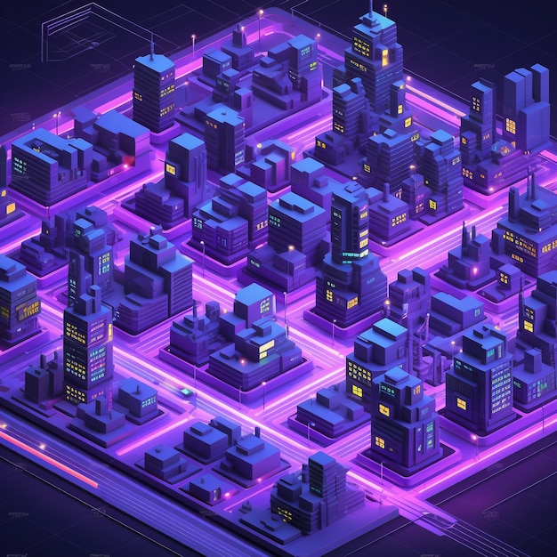 Isometric view on 3d rendering of neon city