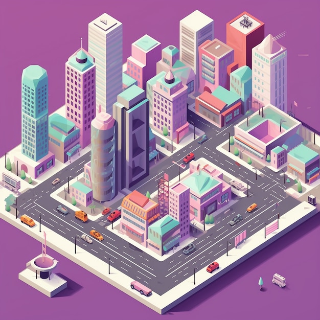 Free photo isometric view on 3d rendering of neon city