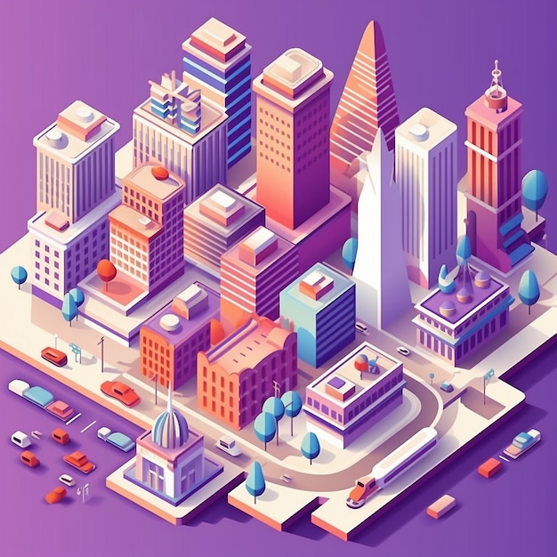 Free photo isometric view on 3d rendering of neon city