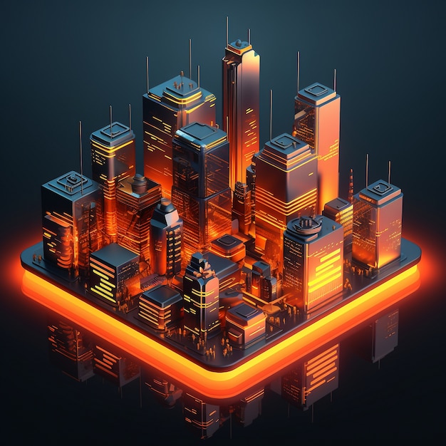 Free photo isometric view on 3d rendering of neon city