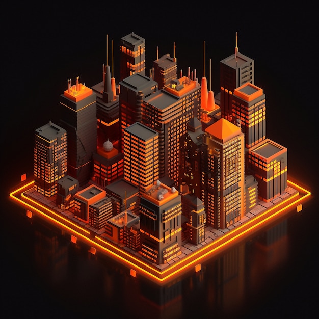 Free photo isometric view on 3d rendering of neon city