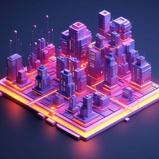 Isometric view on 3d rendering of neon city