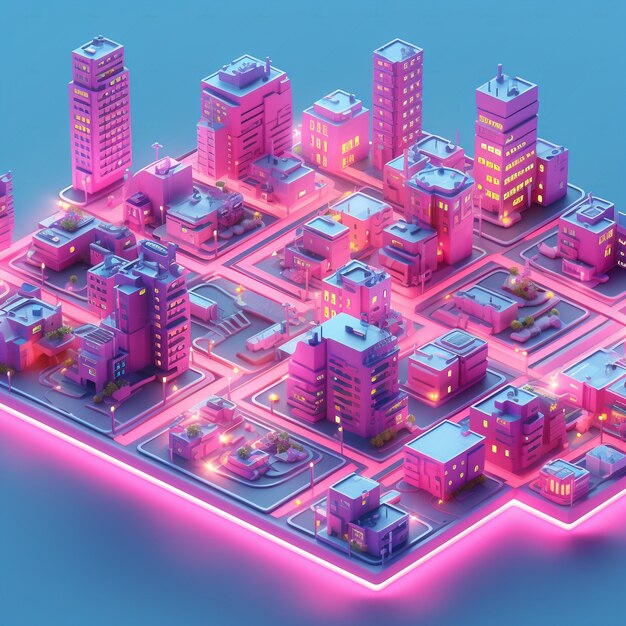 Isometric view on 3d rendering of neon city