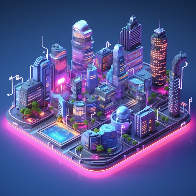 Isometric view on 3d rendering of neon city