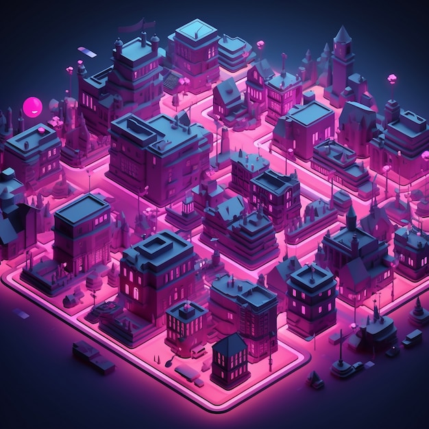 Isometric view on 3d rendering of neon city