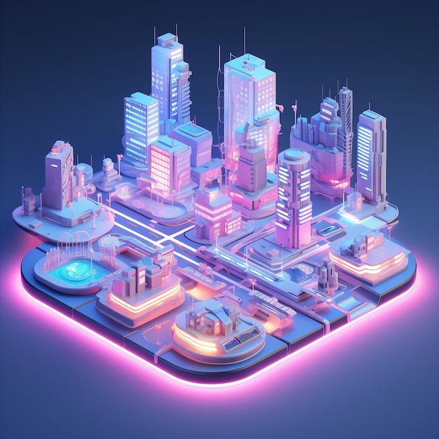 Isometric view on 3d rendering of neon city