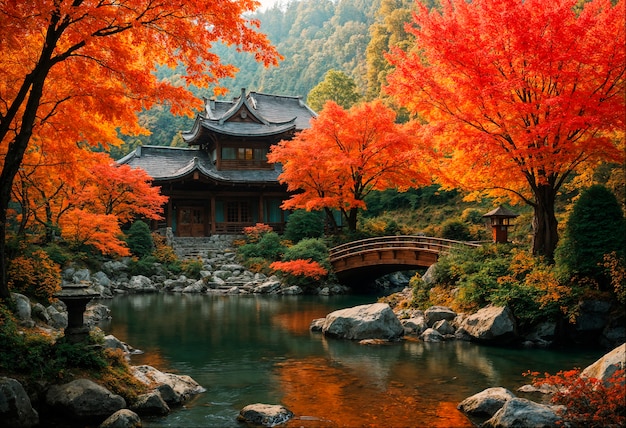 Free Photo japanese temple next to lake during autumn