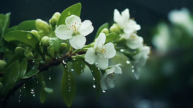 Free Photo jasmine flowers on a branch during the rain