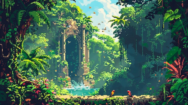 Free photo jungle landscape in pixel art style