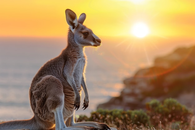 Free photo kangaroos at sunset in dreamy style