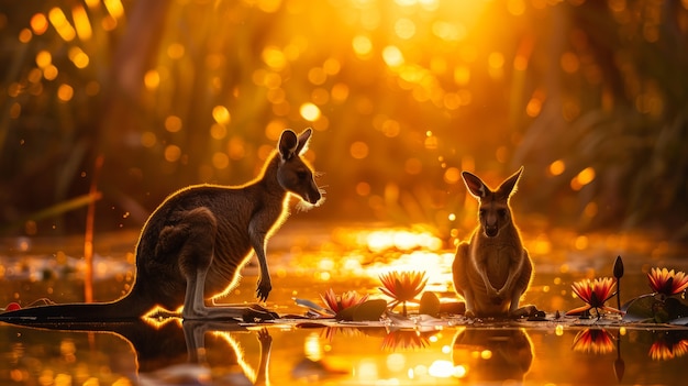 Free photo kangaroos at sunset in dreamy style