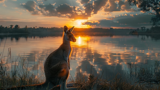 Kangaroos at sunset in dreamy style