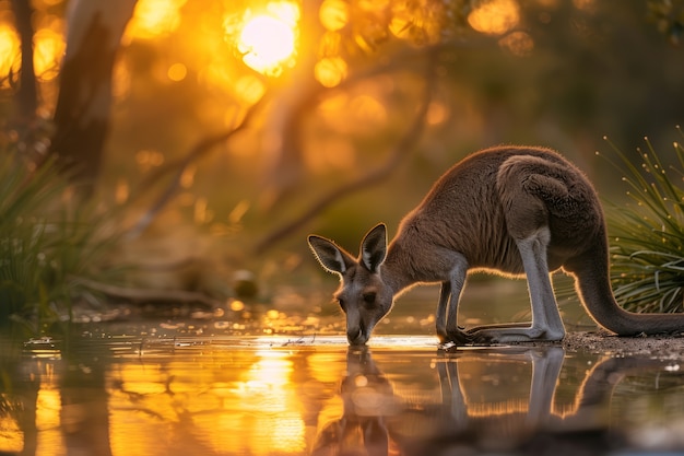 Free photo kangaroos at sunset in dreamy style