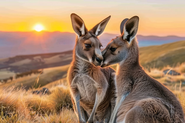 Free photo kangaroos at sunset in dreamy style