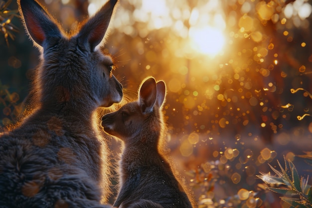 Kangaroos at sunset in dreamy style