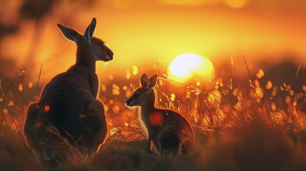 Kangaroos at sunset in dreamy style