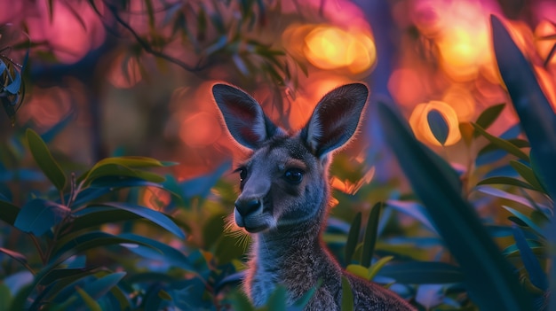 Kangaroos at sunset in dreamy style