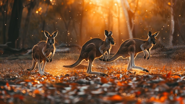 Free photo kangaroos at sunset in dreamy style