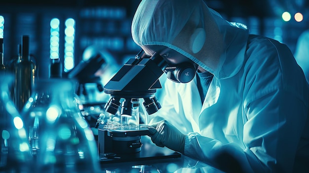 Free photo in the lab a worker in a mask examines test tubes and conducts microscopic studies