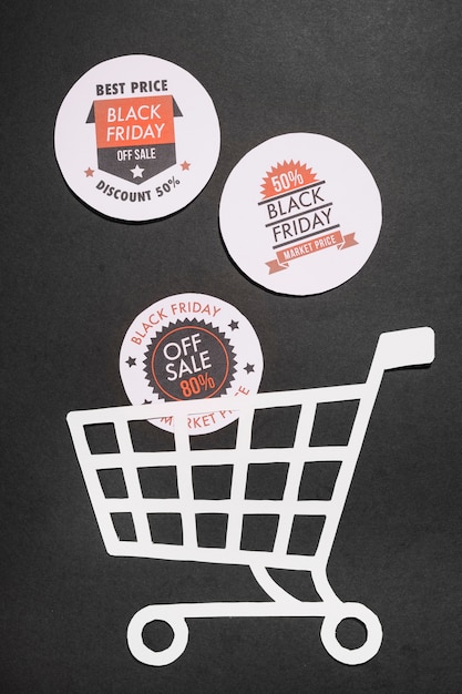 Free photo labels with black friday offers and paper shopping cart