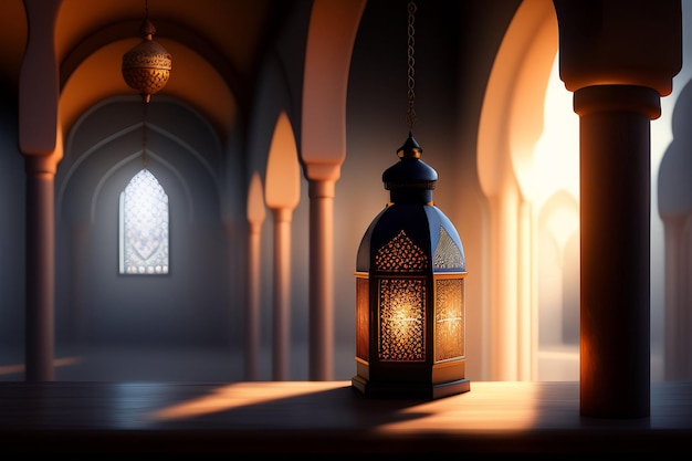 Free photo a lamp in a mosque with the light shining through it.