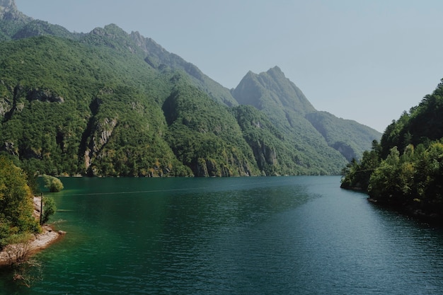 Landscape of a lake surrounded by mountains