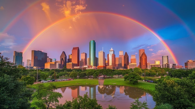 Free photo landscape with colorful rainbow appearing on the sky