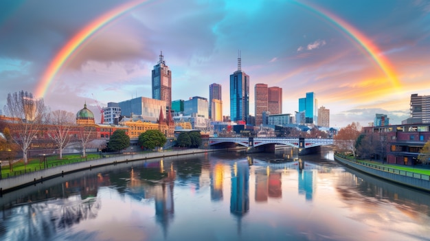 Free photo landscape with colorful rainbow appearing on the sky