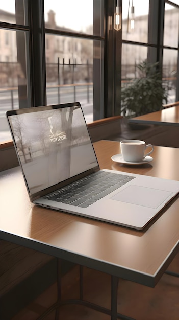 Free Photo laptop with cup of coffee on table in cafe closeup