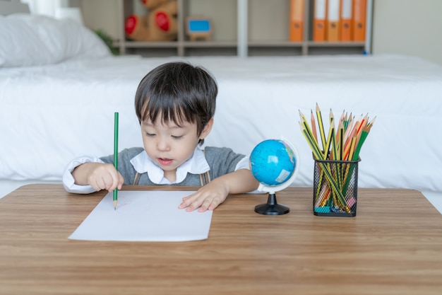 Free photo little boy joyful with use pencil color drawing on white paper