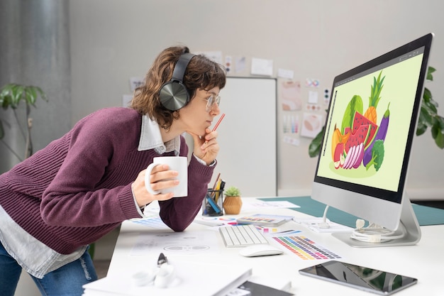 Foto gratuita progettista di logo che lavora sul desktop di un computer