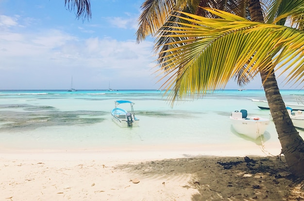 Foto gratuita barche solitari sull'acqua turchese prima della spiaggia dorata