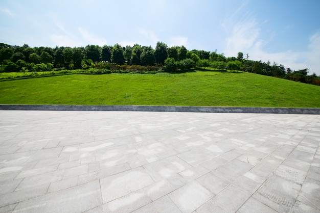 Free photo long empty footpath in modern city square with skyline